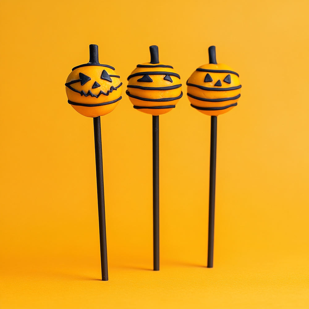 Three Halloween-themed cake pops with jack-o'-lantern faces on a yellow background