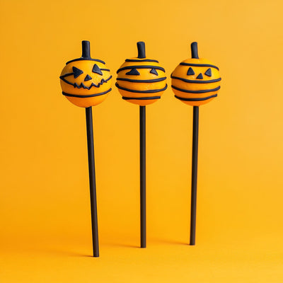 Three Halloween-themed cake pops with jack-o'-lantern faces on a yellow background
