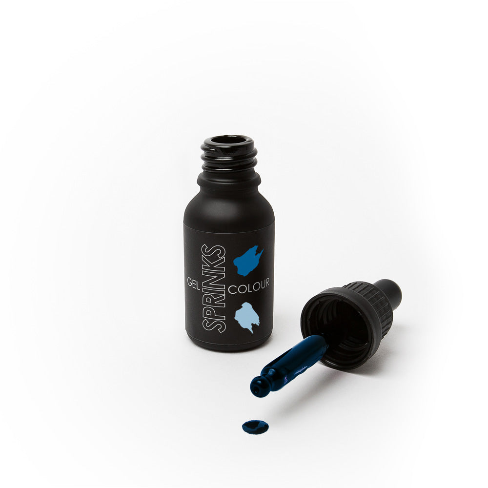 Black bottle of Sprinks gel color with dropper on a white background