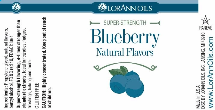 LorAnn Oils Super-Strength Blueberry Natural Flavors label with blueberries and branding details.