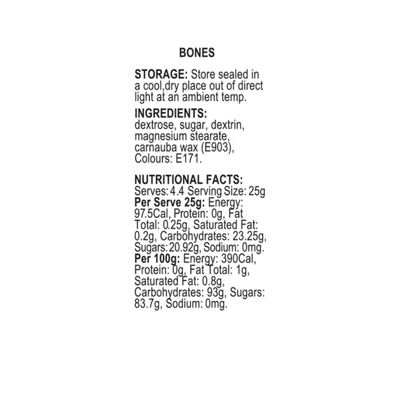 Nutritional facts and storage information for White Dog Bone sprinkles 60g by sprinkd