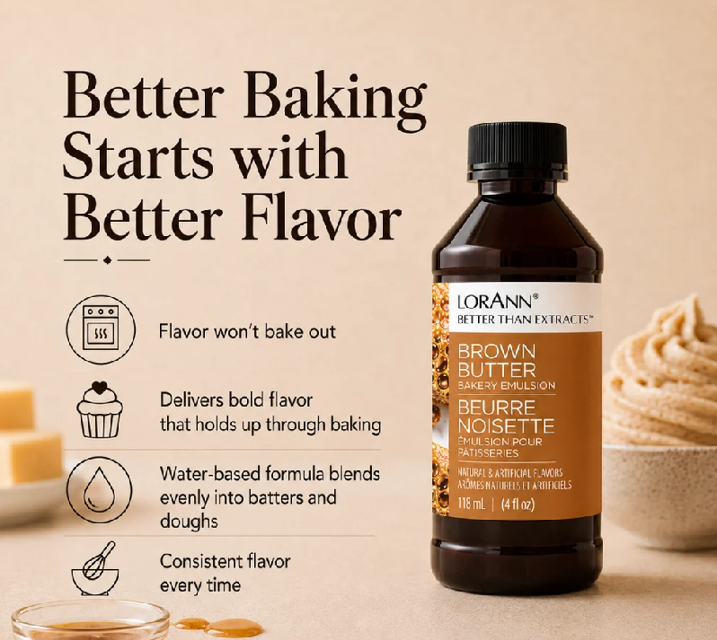 A bottle of Lorann Better Than Extracts Brown Butter baking emulsion shown on a warm beige background with promotional text and baking-themed icons. The bottle is dark amber with a black cap and an orange label.
