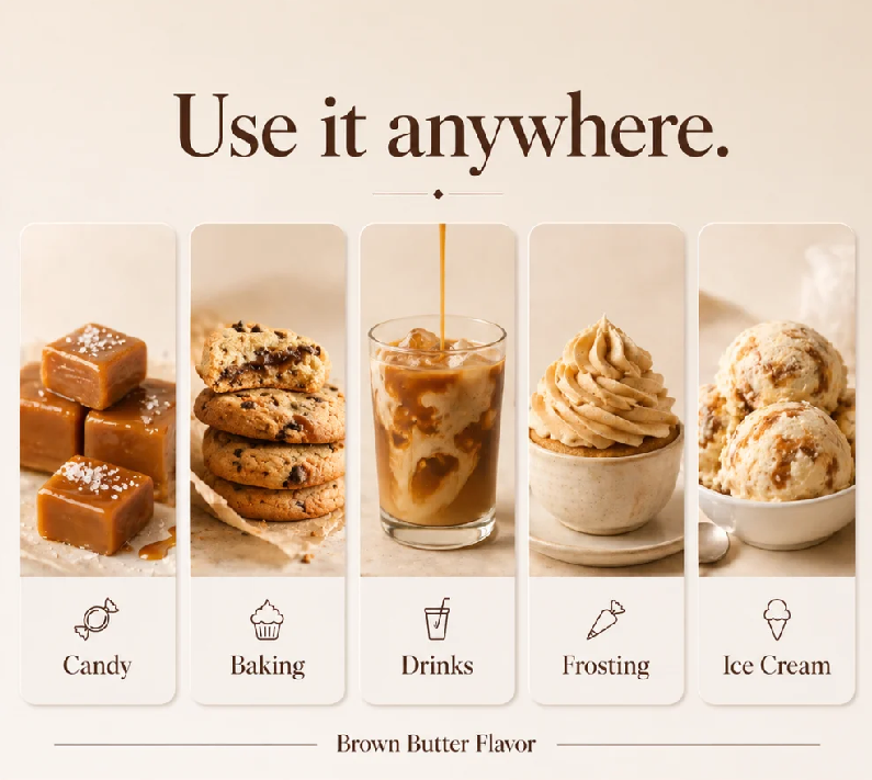 A promotional graphic for a brown butter flavored syrup or flavoring. The top text reads 'Use it anywhere.