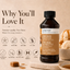 A bottle of Lorann Better Than Extracts Brown Butter Flavoring shown on a warm beige background with promotional text, ingredient icons, and pastry props. The product label is brown with a black cap, and the scene is styled to emphasize flavor and quality.