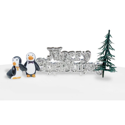 Penguins Silver scene Christmas Cake Topper and Merry Christmas Motto