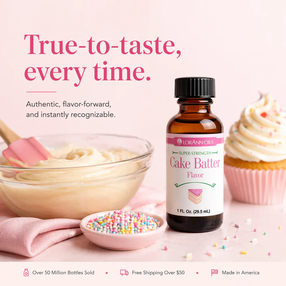 cake batter lorann flavouring with a frosted cupcake and icing bowl