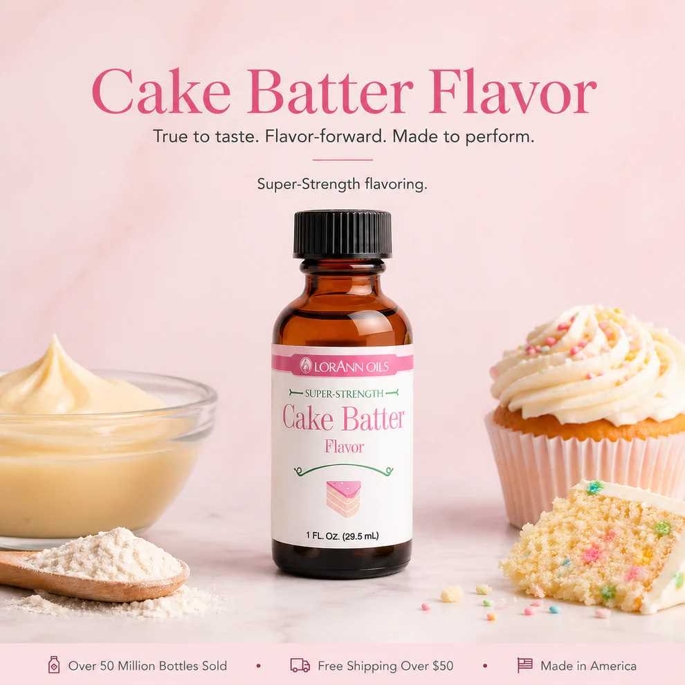 cake batter flavouring with cupcake, cake and icing bowl