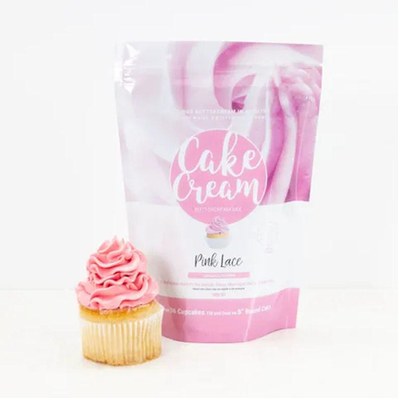 Bag of Cake Cream pink lace buttercream with a pink frosted cupcake on a white background