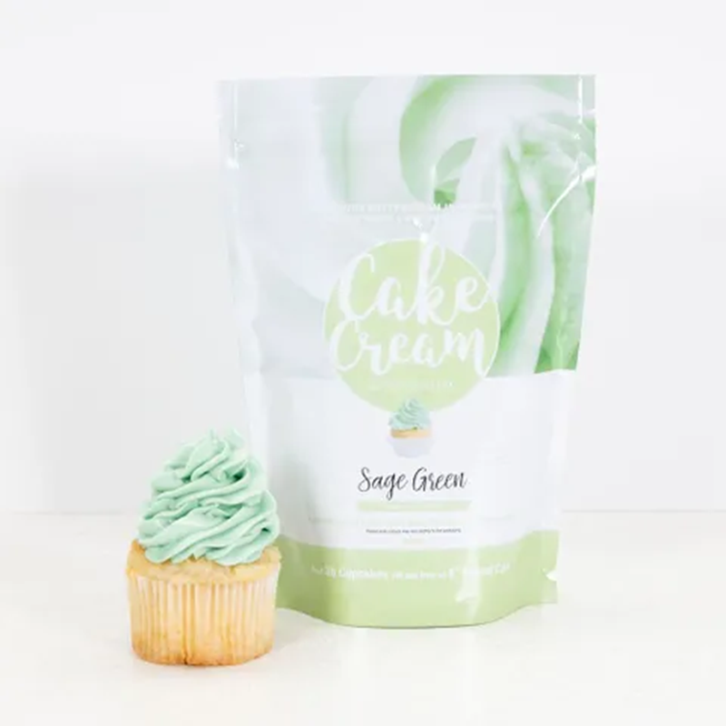 Bag of 'Cake Cream' in Sage Green with a sage green frosted cupcake 
