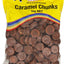 Bag of Rainbow Caramel Chunks with a yellow label and visible caramel pieces.