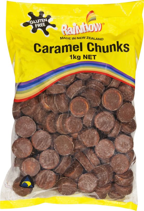 Bag of Rainbow Caramel Chunks with a yellow label and visible caramel pieces.