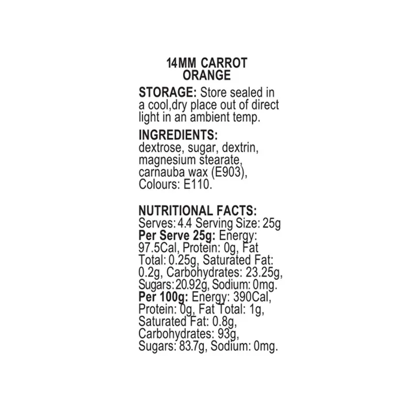 Nutritional facts and storage information for a product labeled '14MM CARROT ORANGE'.