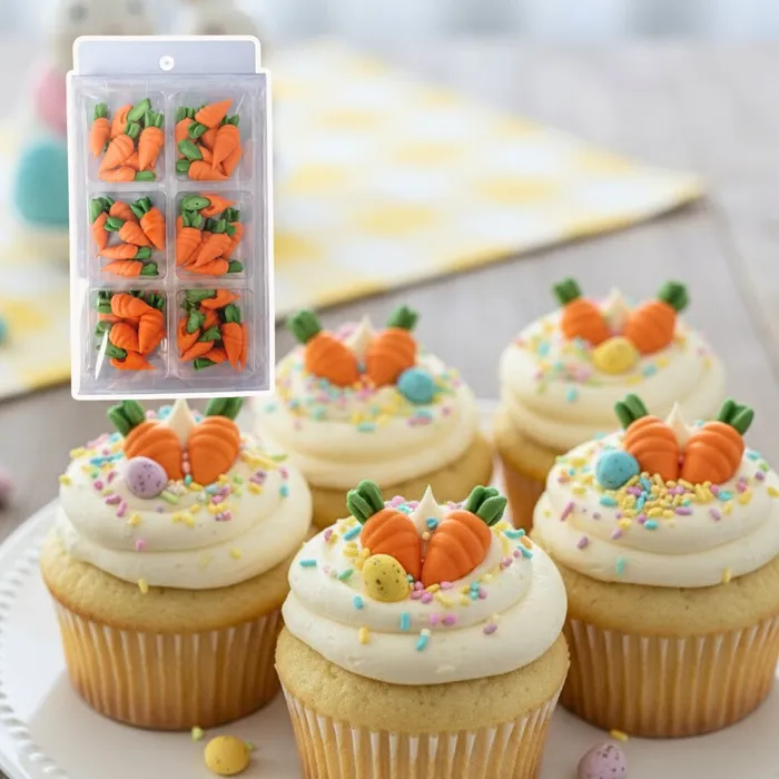 Cupcakes decorated with icing carrot decorations