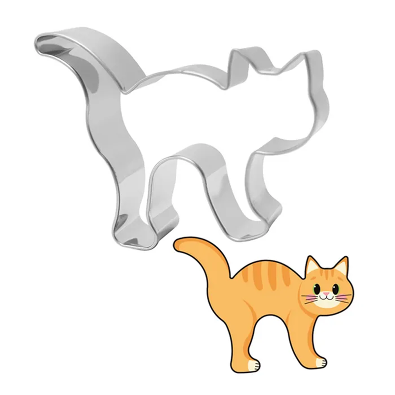 Cat-shaped cookie cutter with a cartoon cat illustration on a white background