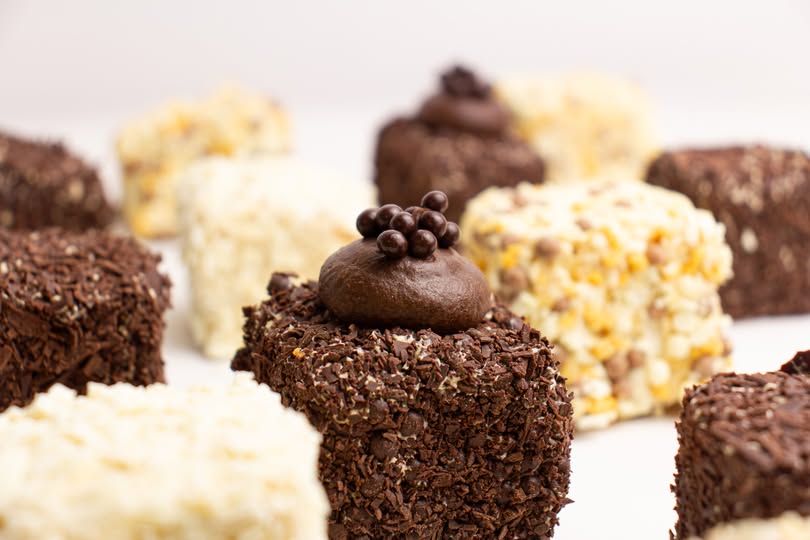 A close-up arrangement of assorted chocolate-covered treats and crumb-coated squares on a light neutral background.
