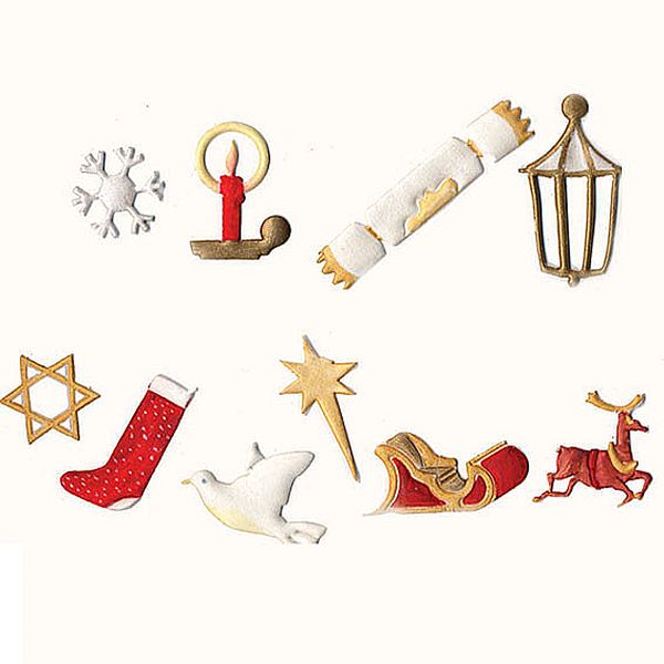 A collection of miniature Christmas-themed fondant icing decorations on a plain white background, including a snowflake, candle, cracker, lantern, Star of David, stocking, dove, sleigh, reindeer, and star.