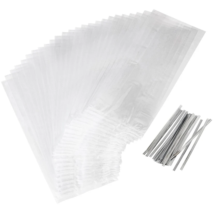 Treat bags clear with silver ties pack of 25 with side gusset