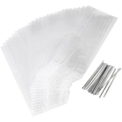 Treat bags clear with silver ties pack of 25 with side gusset