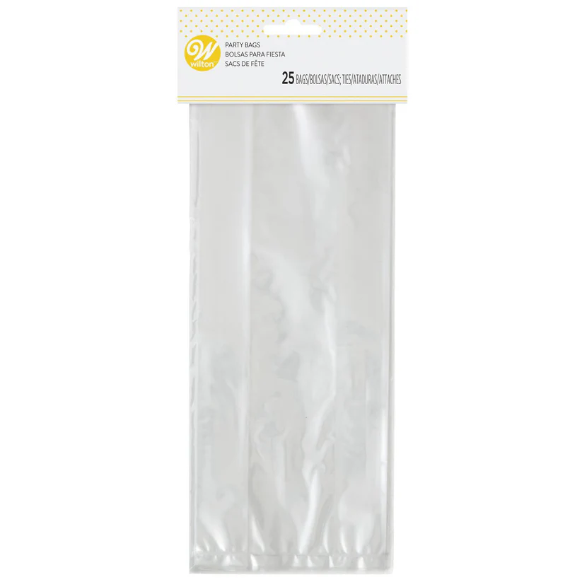 Treat bags clear with silver ties pack of 25 with side gusset