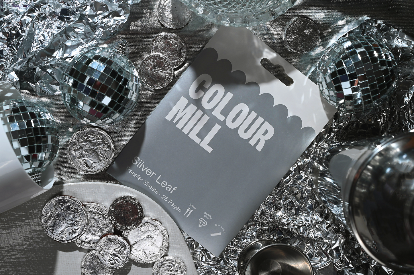 Colour mill silver leaf package, disco balls and chocolate coins with silver leaf applied