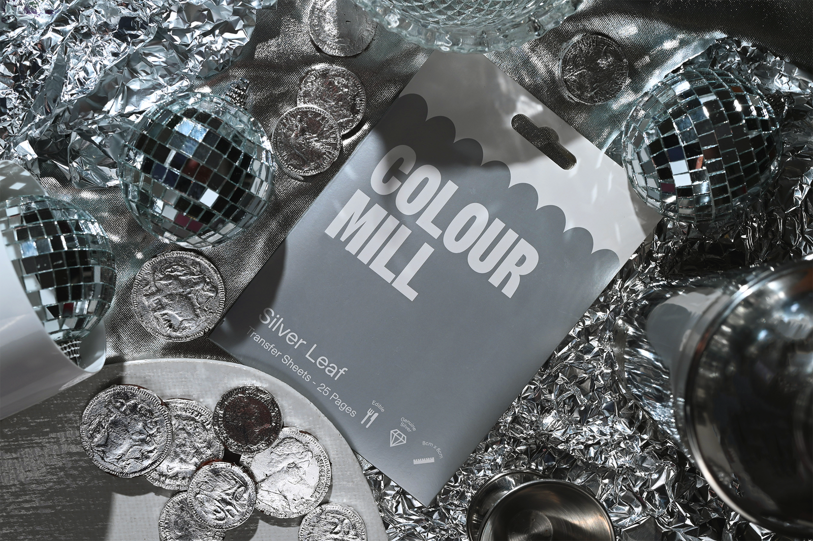 Colour mill silver leaf package, disco balls and chocolate coins with silver leaf applied