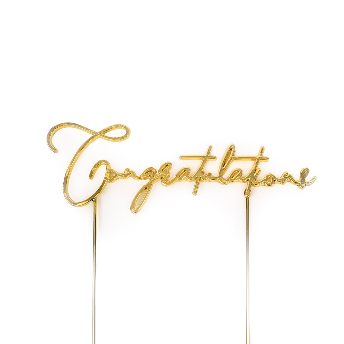 Gold 'Congratulations' cake topper on a white background