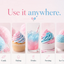 A pastel promotional graphic with the text 'Use it anywhere.' above five vertical panels showing pink and blue candy-themed food and drink examples: cotton candy, a cupcake, a drink in a glass, a frosted cupcake, and ice cream scoops.