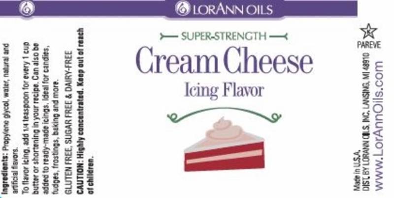 LorAnn Oils Super-Strength Cream Cheese Icing Flavor label with a cake illustration.