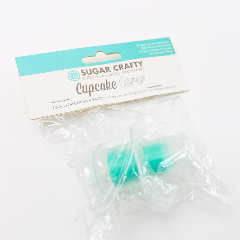 Turquoise cupcake corer in clear packaging with 'Sugar Crafty' branding on a white background