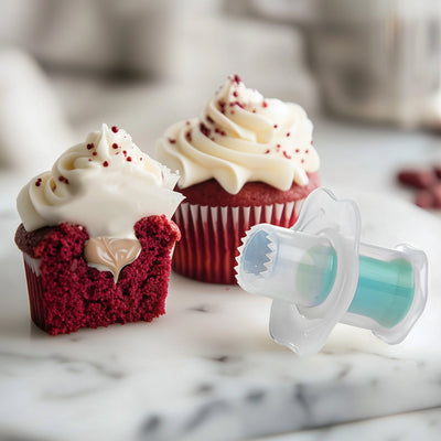 Red velvet cupcakes with white frosting and filled centres, with a cupcake corer on a marble surface.