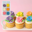 Frilly Dainty Bess Blossoms pack 6 royal icing flowers with examples of decorated cupcakes