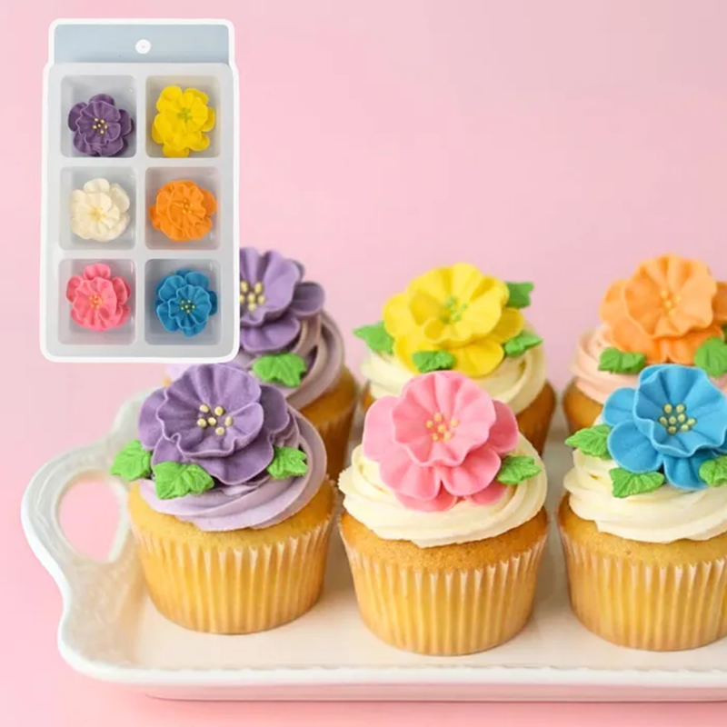 Frilly Dainty Bess Blossoms pack 6 royal icing flowers with examples of decorated cupcakes