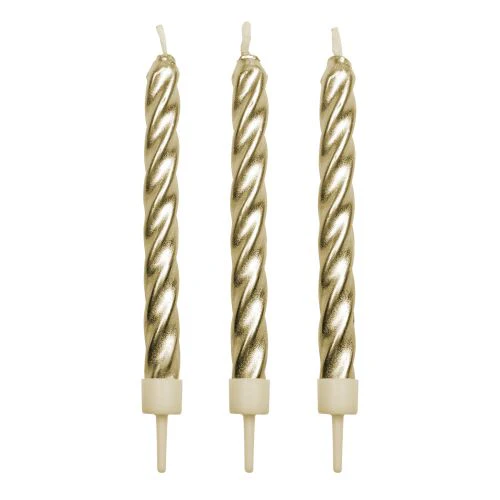 gold candles with white candle holders for birthday cakes
