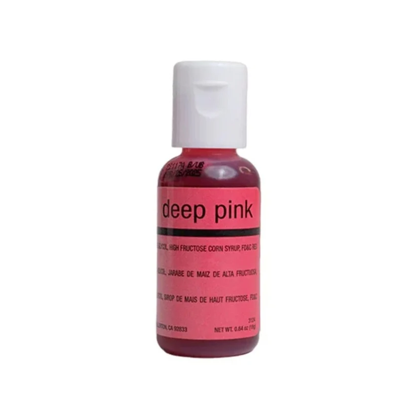 A small bottle of airbrush food coloring with a white cap and a pink label reading 'deep pink' on a white background.