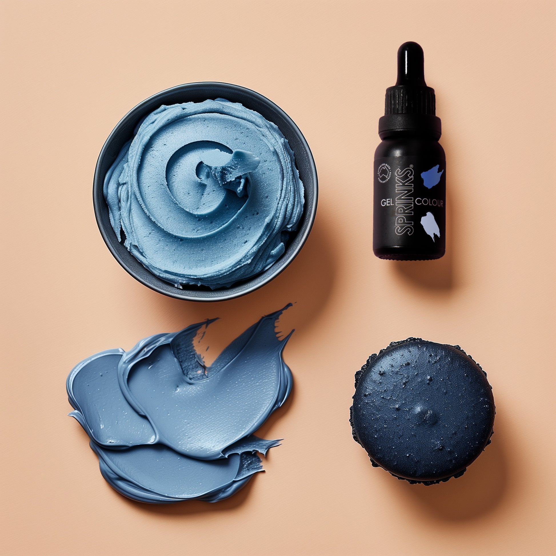 denim blue sprinks food colouring with icing and cake examples