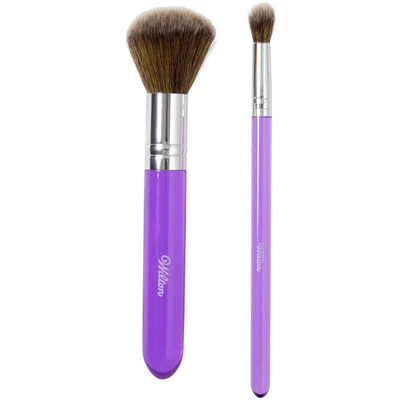 Two purple makeup brushes with silver ferrules on a white background