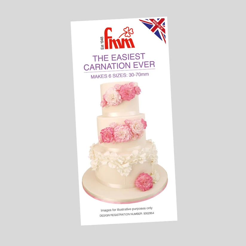 Fmm easiest carnation cutter ever packaging with a three tier cake showcasing the flowers