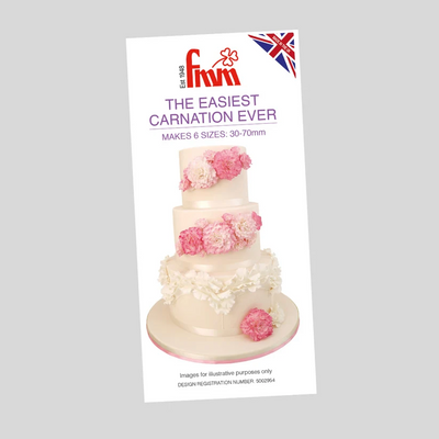 Fmm easiest carnation cutter ever packaging with a three tier cake showcasing the flowers