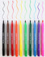 Ten dual-tip edible ink markers in assorted colors are lined up horizontally on a white background, each showing a wavy line of the corresponding marker color above it.