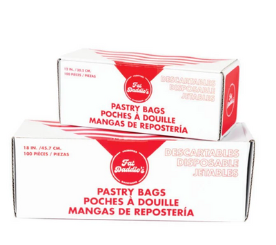 Box of disposable pastry bags with red and white design on a white background