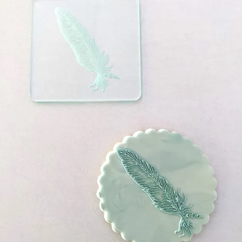 A clear debosser tool with a feather design, placed on a white surface. Alongside an range cookie made using the tool