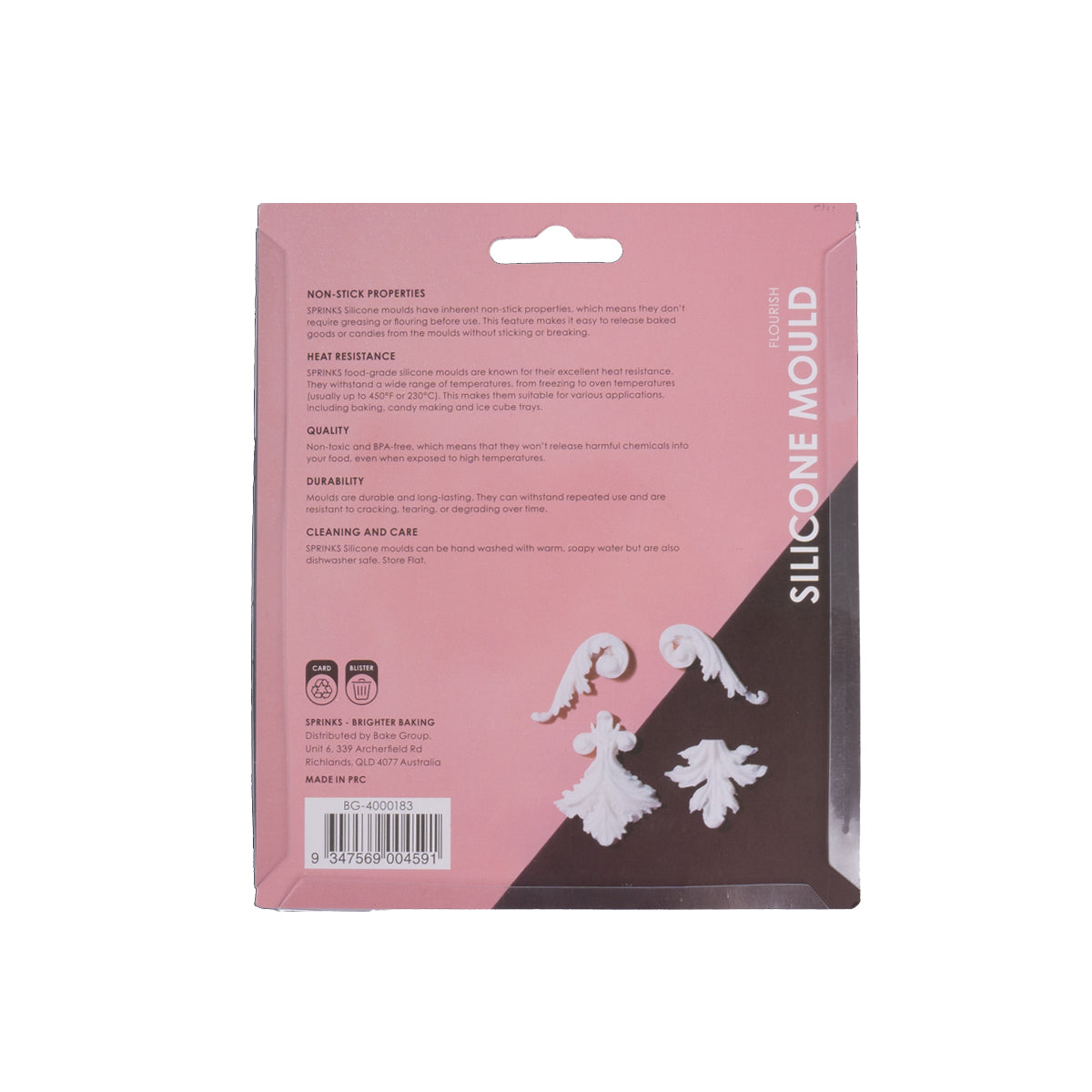 Silicone mould packaging with pink and brown design on a white background
