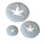 Three round white plastic gumpaste icing cutters in different sizes, each featuring a maple leaf cutout, displayed on a white background.