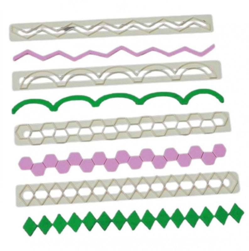 set 4 straight frill cutters by FMM including fondant examples made from them