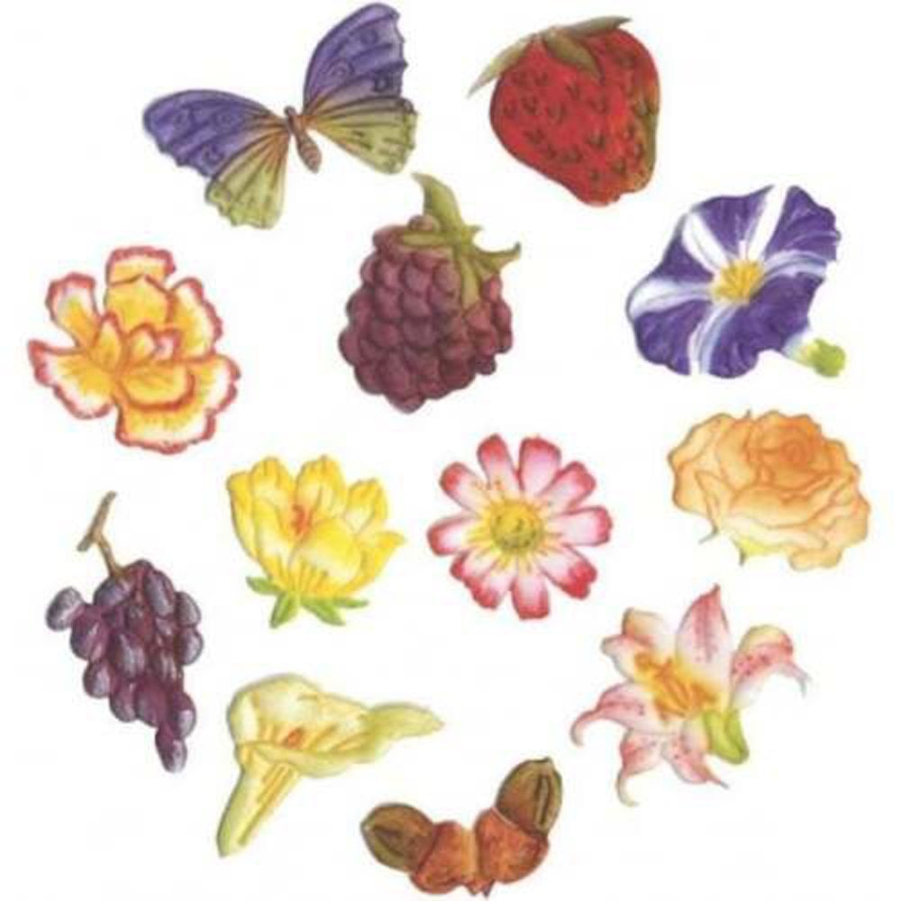 A collection of fondant icing decorations on a white background, including a purple butterfly, a red strawberry, a purple raspberry, a purple and white flower, a yellow-orange flower, a pink-and-white flower, a yellow flower, a yellow-orange rose, a cluster of purple grapes, a pale yellow flower, and two acorns.