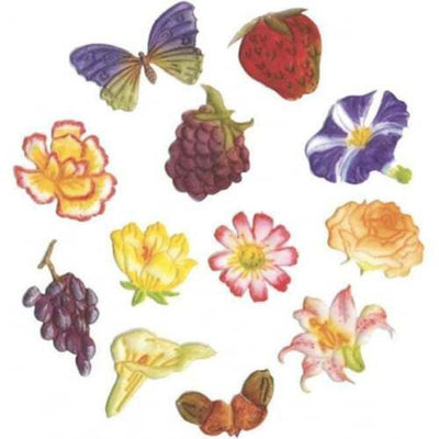 A collection of fondant icing decorations on a white background, including a purple butterfly, a red strawberry, a purple raspberry, a purple and white flower, a yellow-orange flower, a pink-and-white flower, a yellow flower, a yellow-orange rose, a cluster of purple grapes, a pale yellow flower, and two acorns.