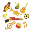 A collection of colorful, cartoon-style musical and sports-themed fondant or gumpaste icing decorations on a plain white background, including a golf bag, trumpet, guitar, soccer ball, trophy, race car, drum, treble clef, and musical notes.