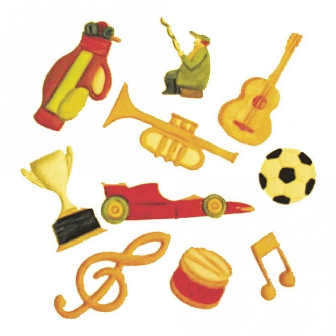 A collection of colorful, cartoon-style musical and sports-themed fondant or gumpaste icing decorations on a plain white background, including a golf bag, trumpet, guitar, soccer ball, trophy, race car, drum, treble clef, and musical notes.