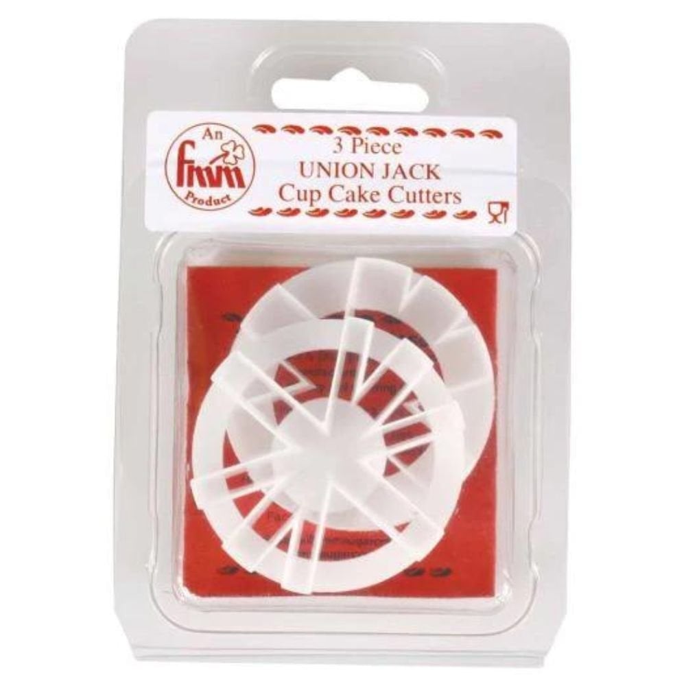 Packaged Union Jack cupcake cutters with FMM branding on a white background