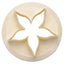An off-white circular plastic cutter with a five-petal calyx silhouette cutout, shown on a solid white background.
